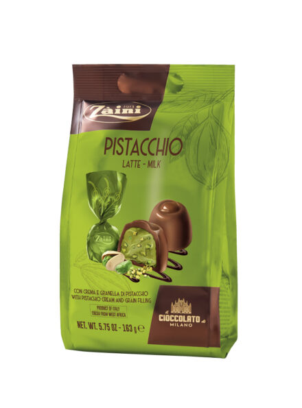 MILK CHOCOLATE PRALINE FILLED WITH PISTACHIO CREAM AND PISTACHIOS PIECES 163G
